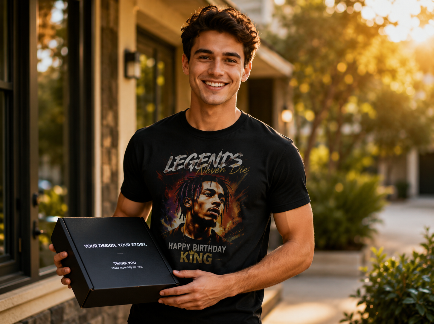 Happy customer holding a Stitch Code gift box