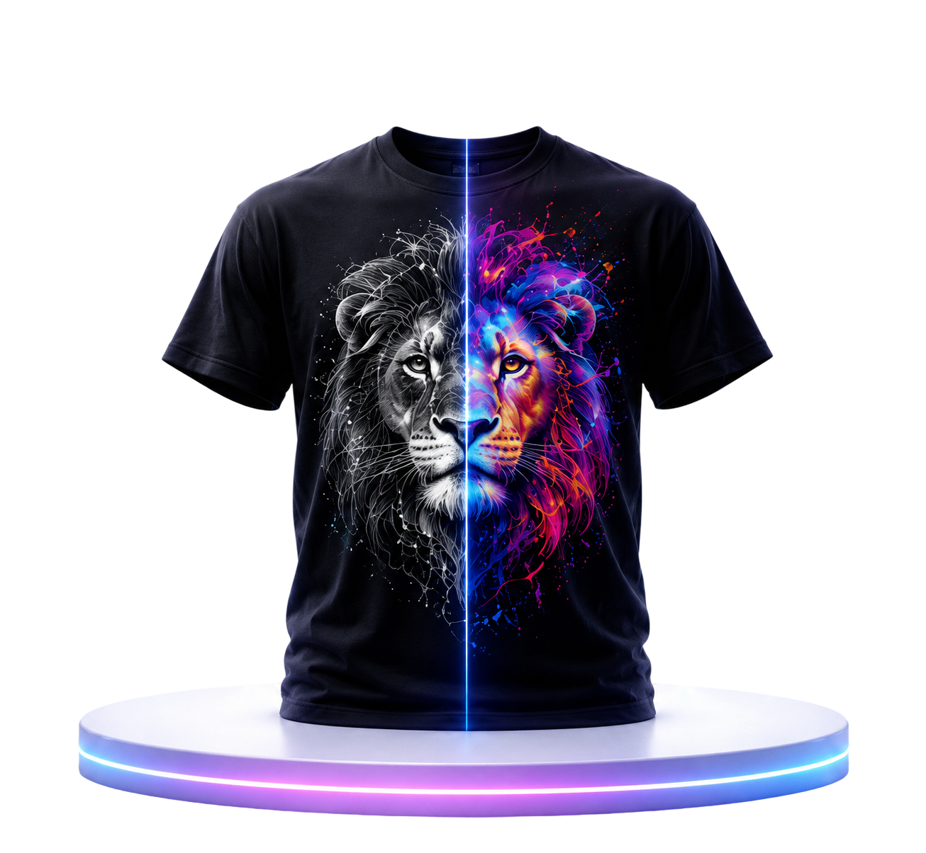 AI-designed lion split-color t-shirt on a glowing podium